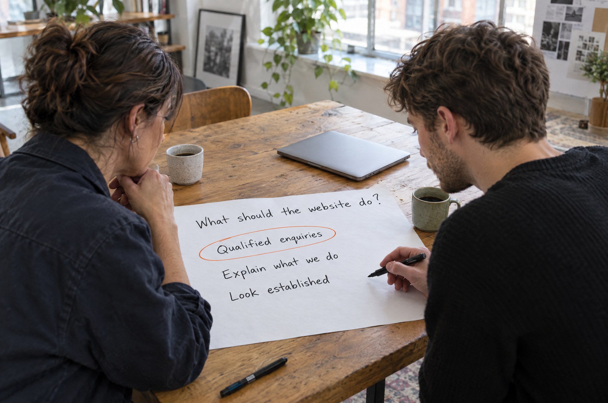 Business owner and designer at a kickoff, writing down what the website should do