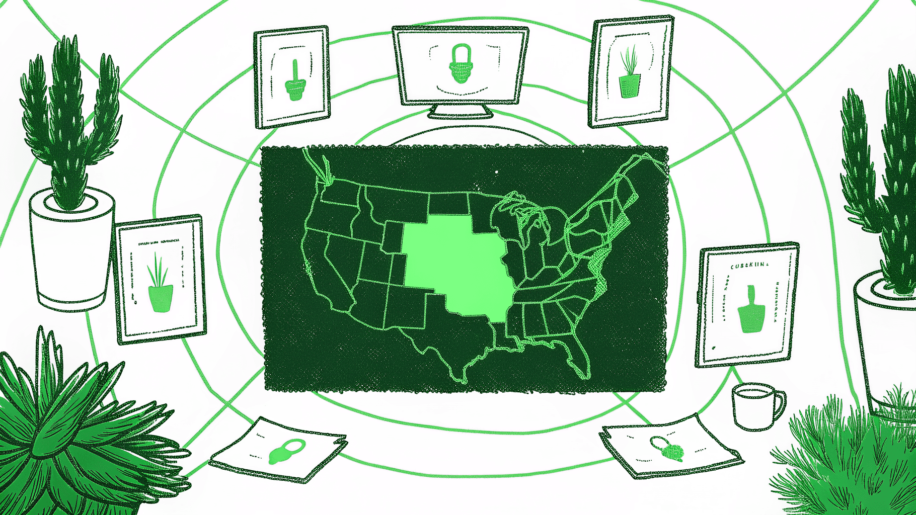 US map with California bordered off, surrounding disconnected state icons showing unclaimed property gaps