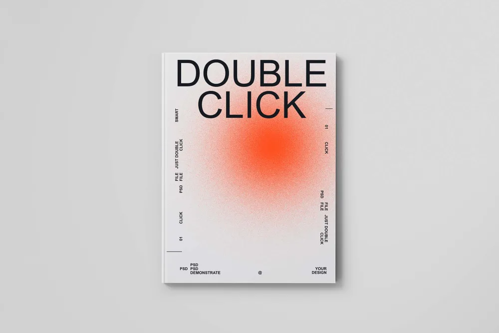 Minimalist book cover mockup featuring a clean white background with a bold black title and a vibrant orange gradient at the center. Designed on a soft gray surface.