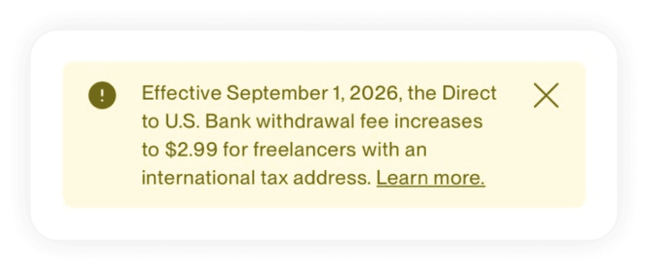 Upwork notice about the Direct to U.S. Bank withdrawal fee increase