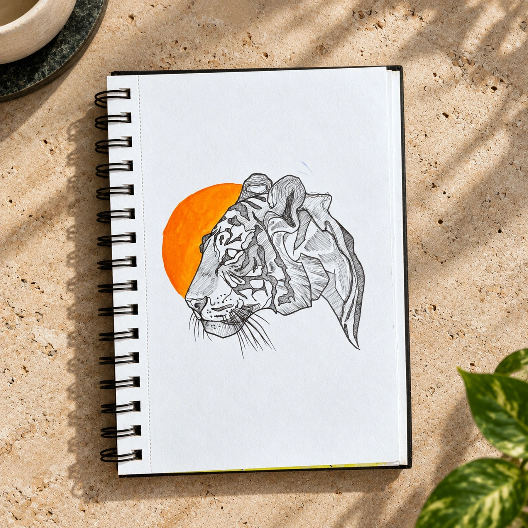 Drawing of a tiger’s head with flowing, folded forms against an orange circle.