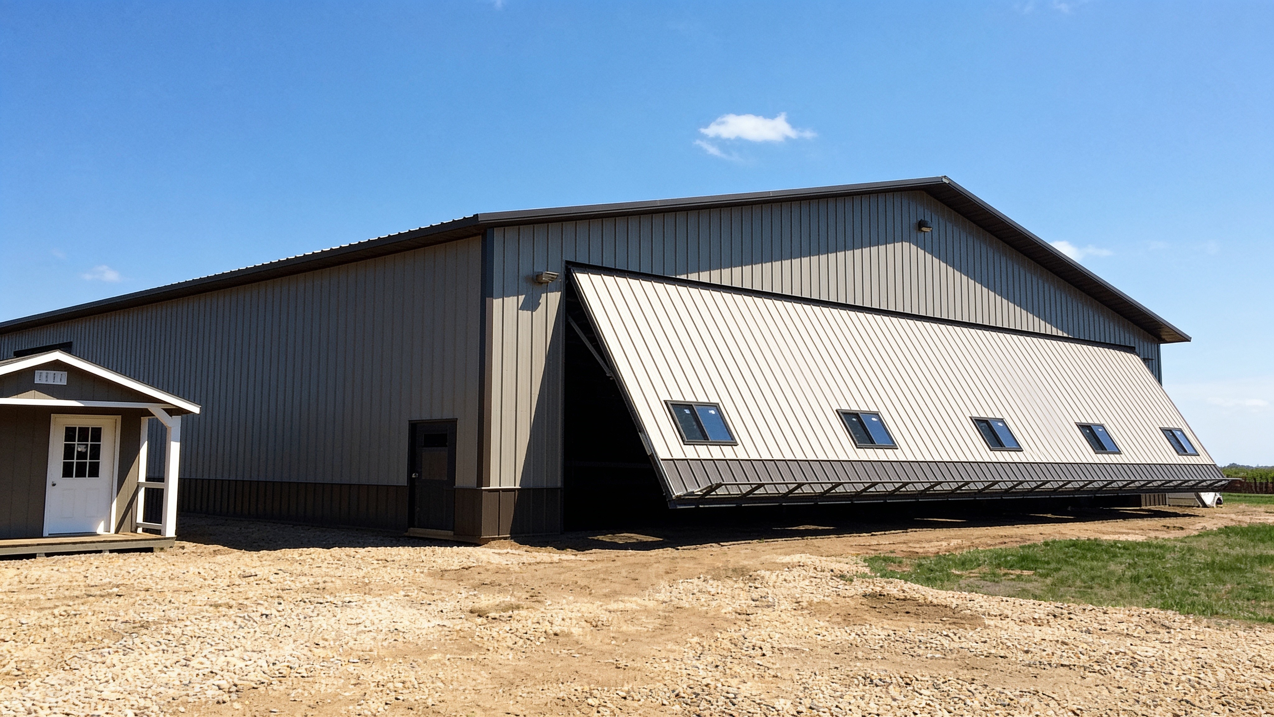 Wide farm shop with a 50x18 hydraulic door in a field setting