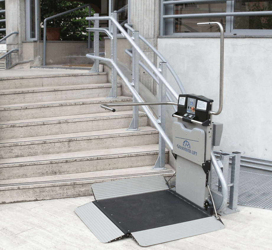 Garaventa Artira platform lift — inclined wheelchair platform stairlift on an external staircase