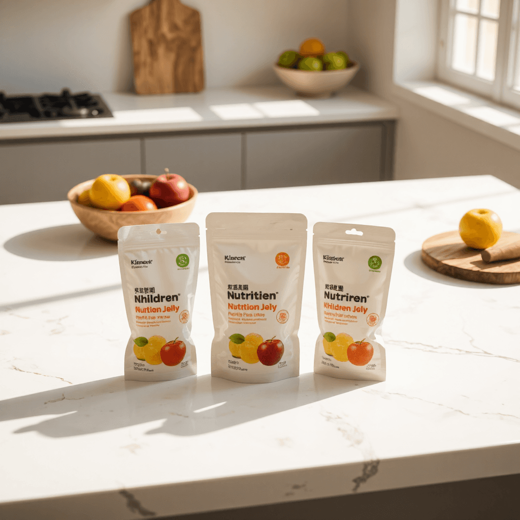 product photography of Three stick packs of children's nutrition jelly