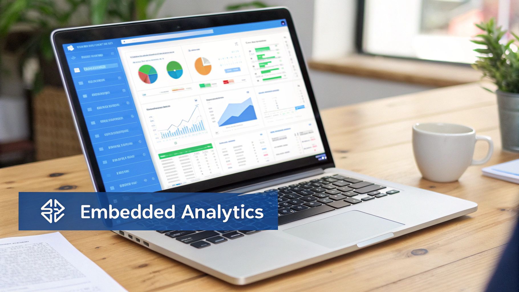A laptop on a wooden desk displays a data dashboard with charts and graphs for embedded analytics.