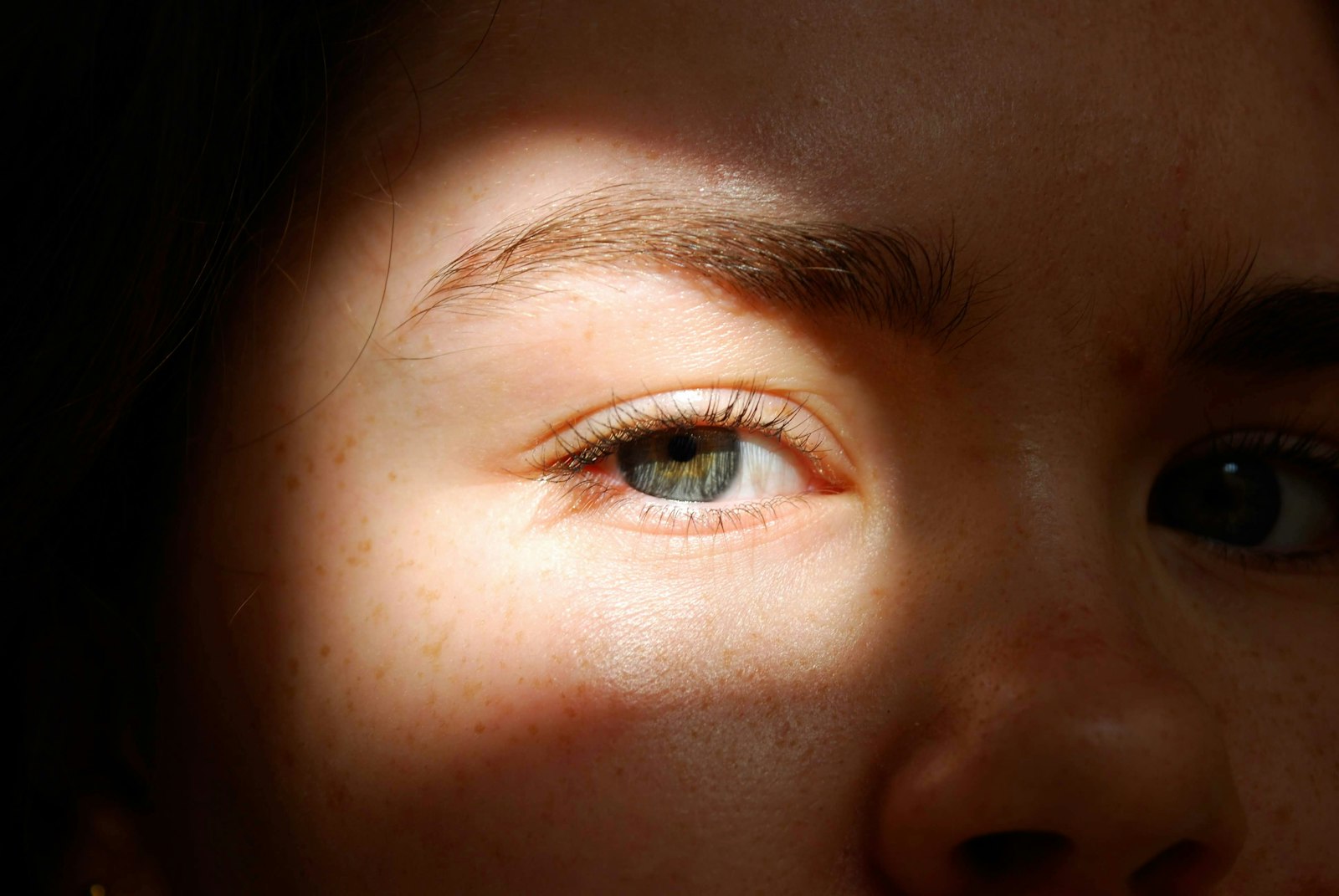 Close view of the skin around an eye in soft directional light