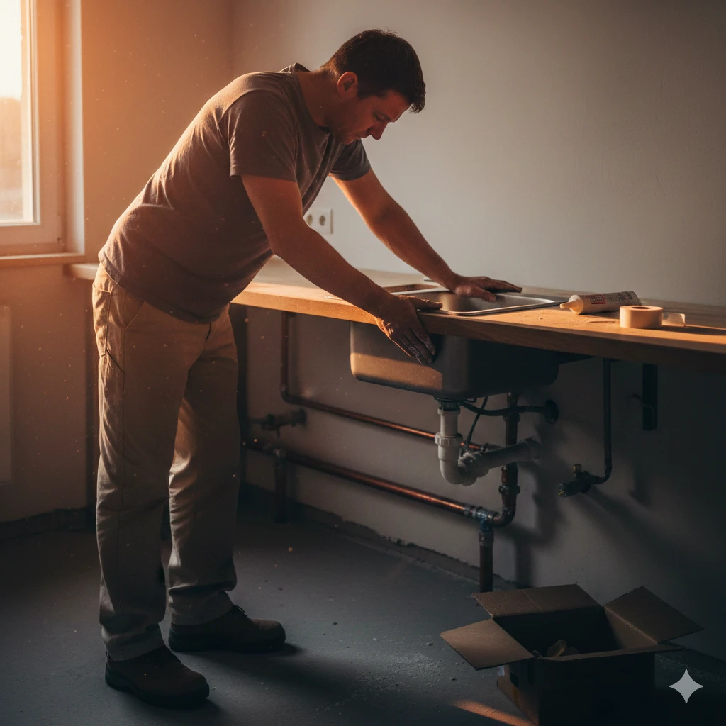 Plombier installant un évier et les raccordements de tuyauterie sur un chantier