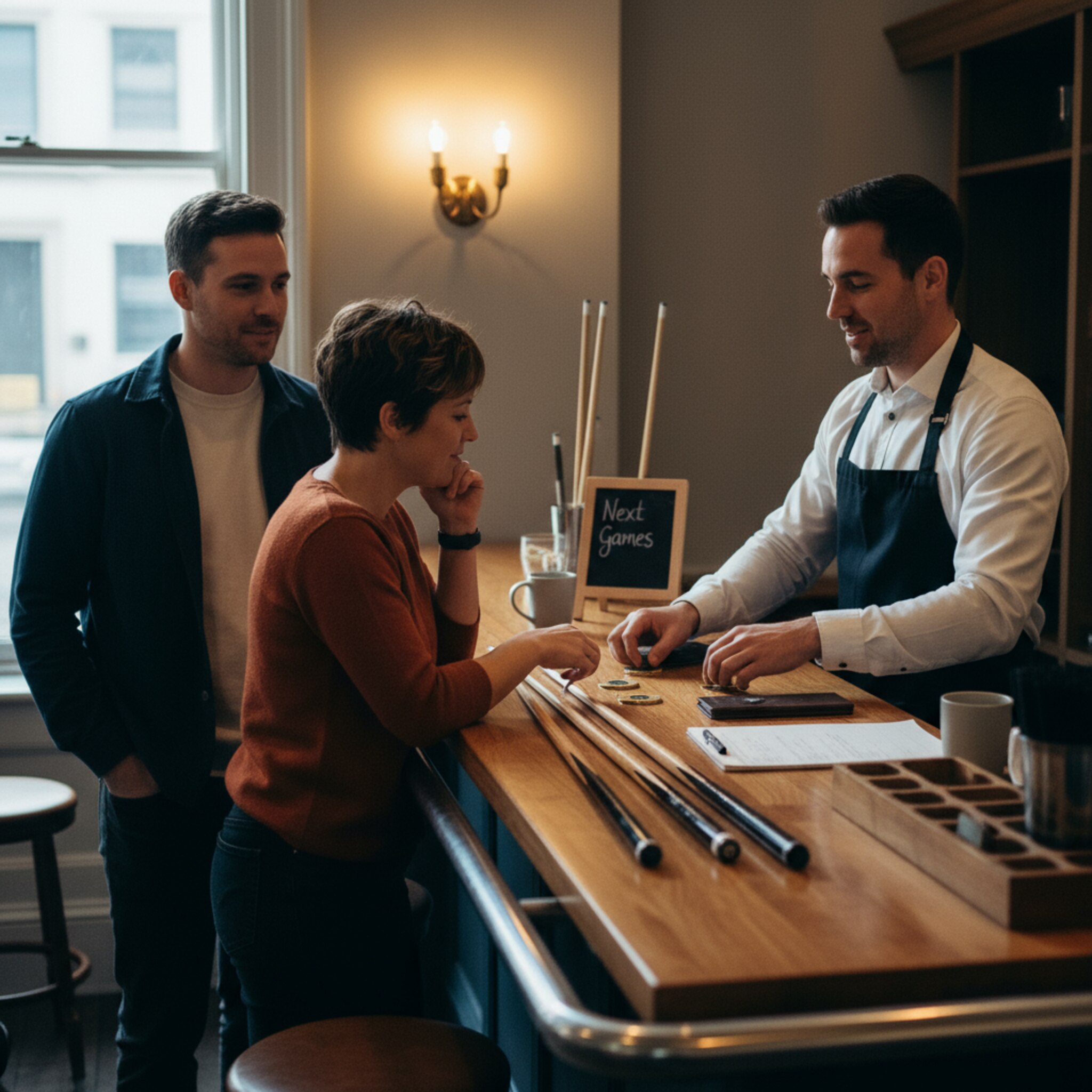An der Theke stellen Gäste ihre Queues ab, während ein Mitarbeiter kleine Marken für die nächste Spielzeit bereitlegt. Ein Notizblock mit Zeiten liegt seitlich unscharf, ohne Details. Leichte Spiegelungen in polierten Oberflächen. Die Atmosphäre vermittelt Ordnung, Verbindlichkeit und Vorfreude auf den nächsten Wurf.