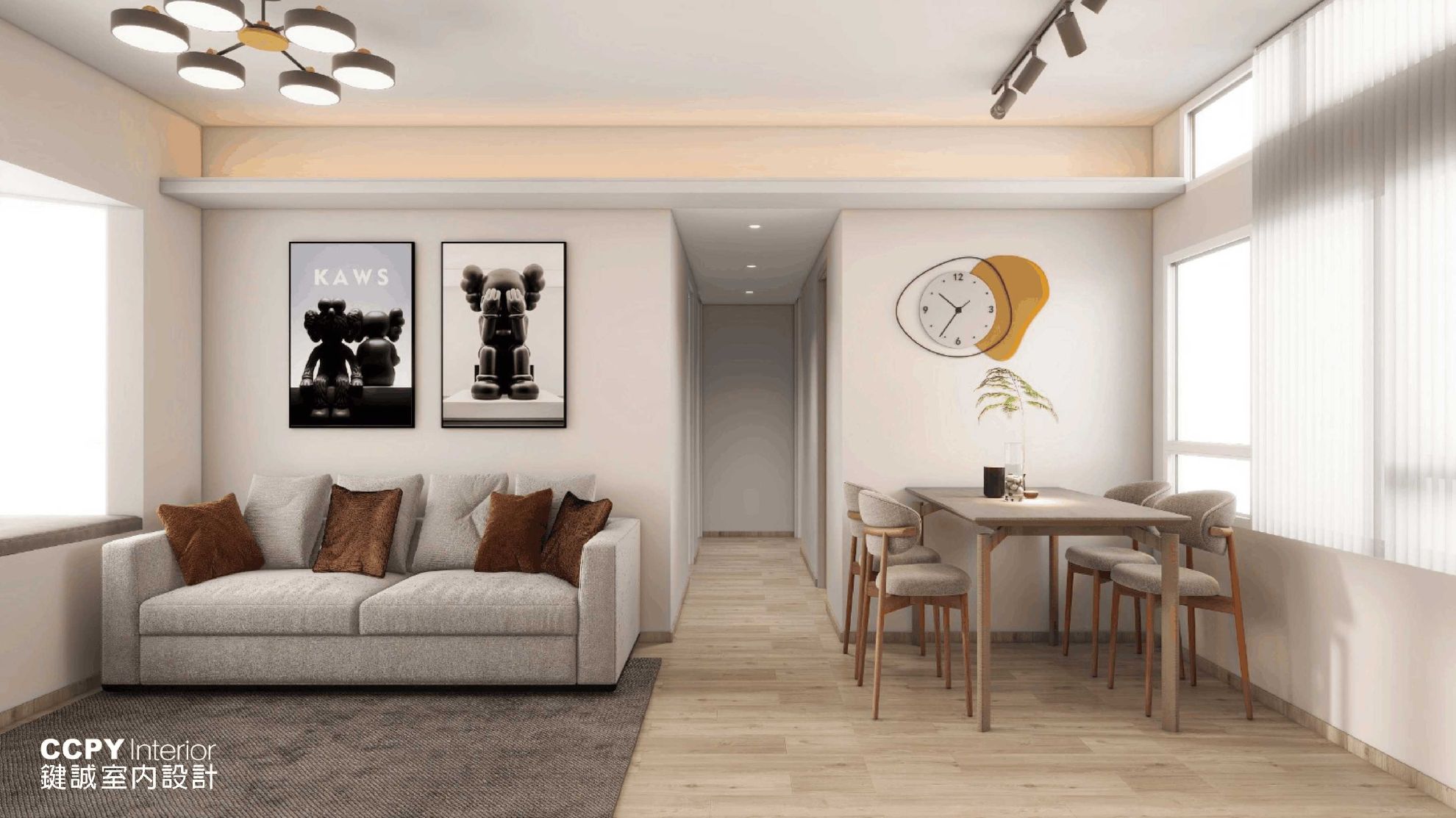 Modern living room with KAWS art and dining area.