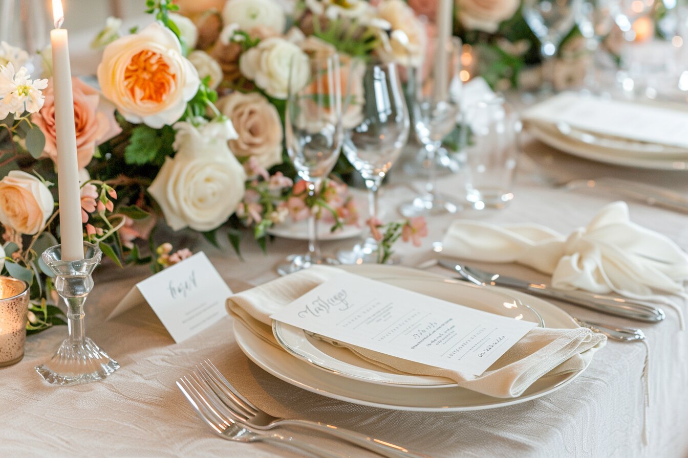 Refined table setting for an elegant seated dinner in a River Oaks home with fine china and tapered candles.