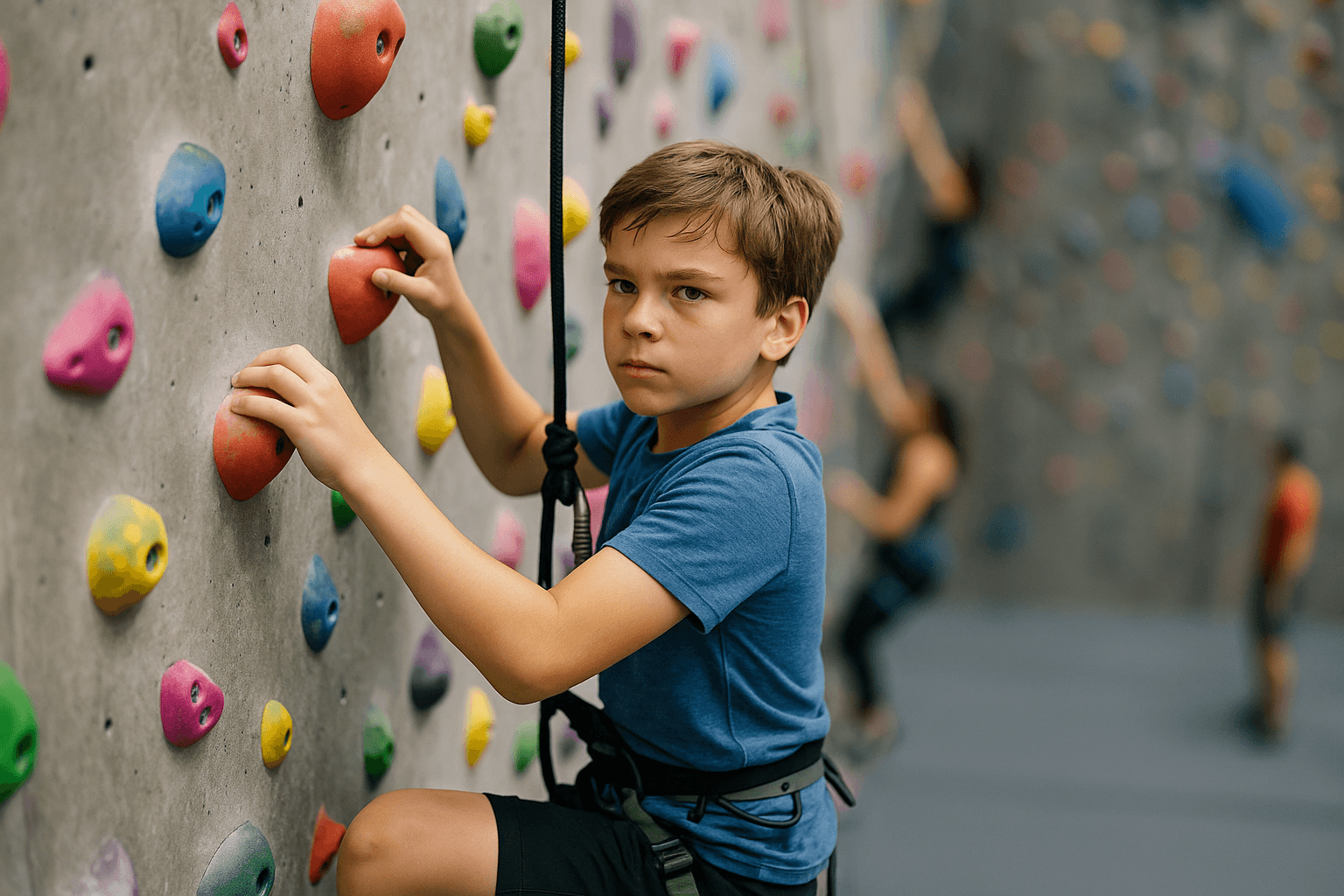 Photo of boy climbing rock wall at indoor gym, looking determined