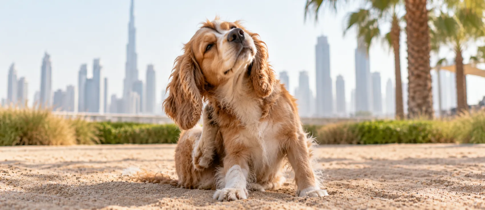 A Cocker Spaniel scratches its neck outdoors against a Dubai skyline backdrop.