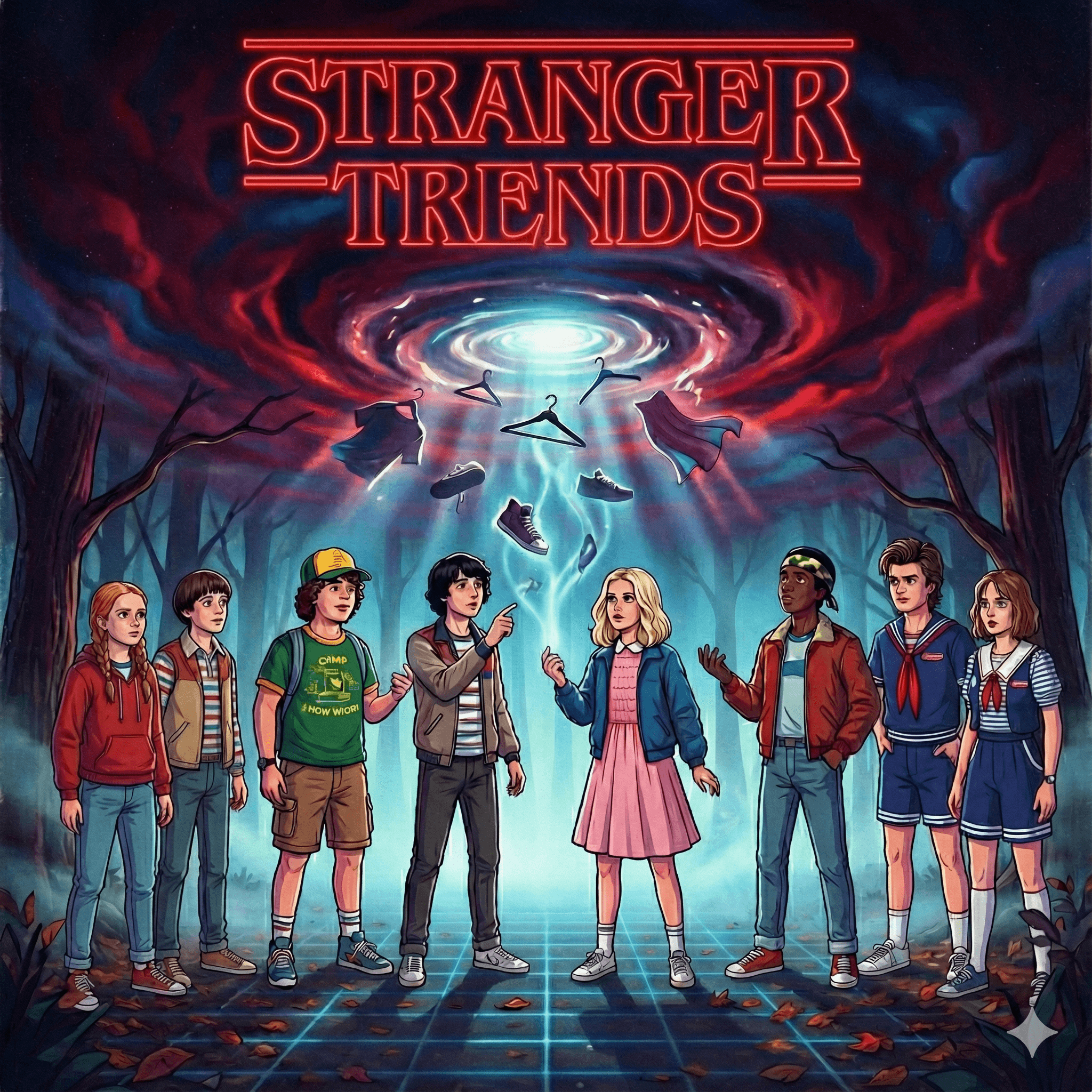 A cinematic still from Stranger Things highlighting understated, everyday fashion rooted in nostalgia and comfort.