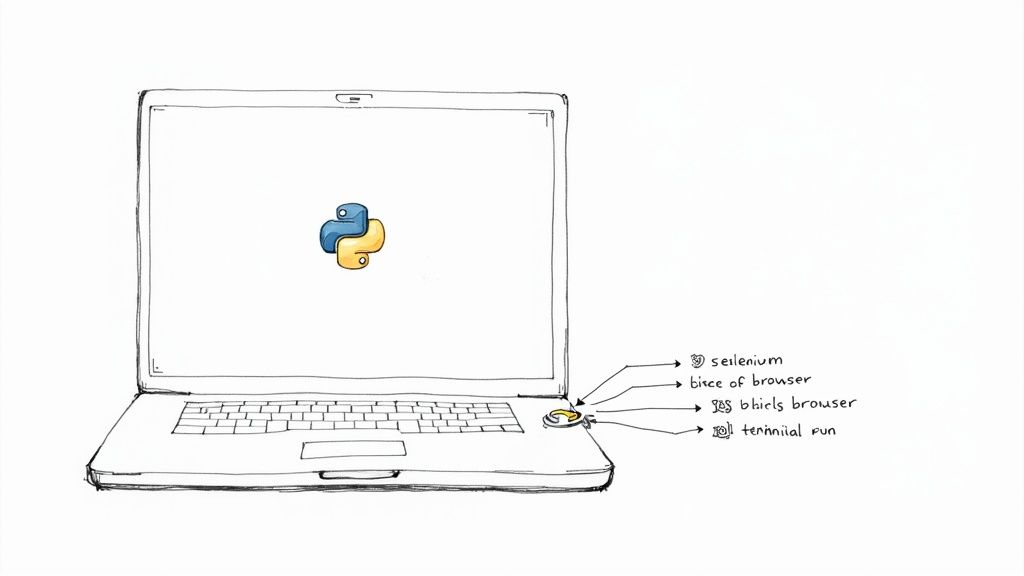Laptop displaying Python logo with labeled icons showing Selenium, browser tools, and terminal for web scraping