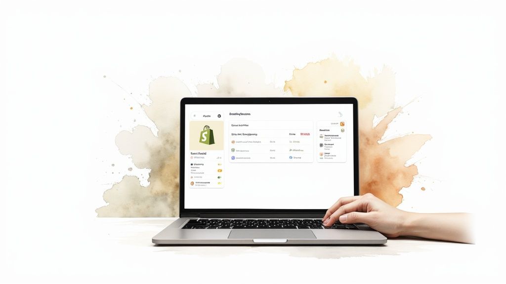 A hand types on a laptop screen displaying a Shopify e-commerce dashboard, surrounded by watercolor splatters.