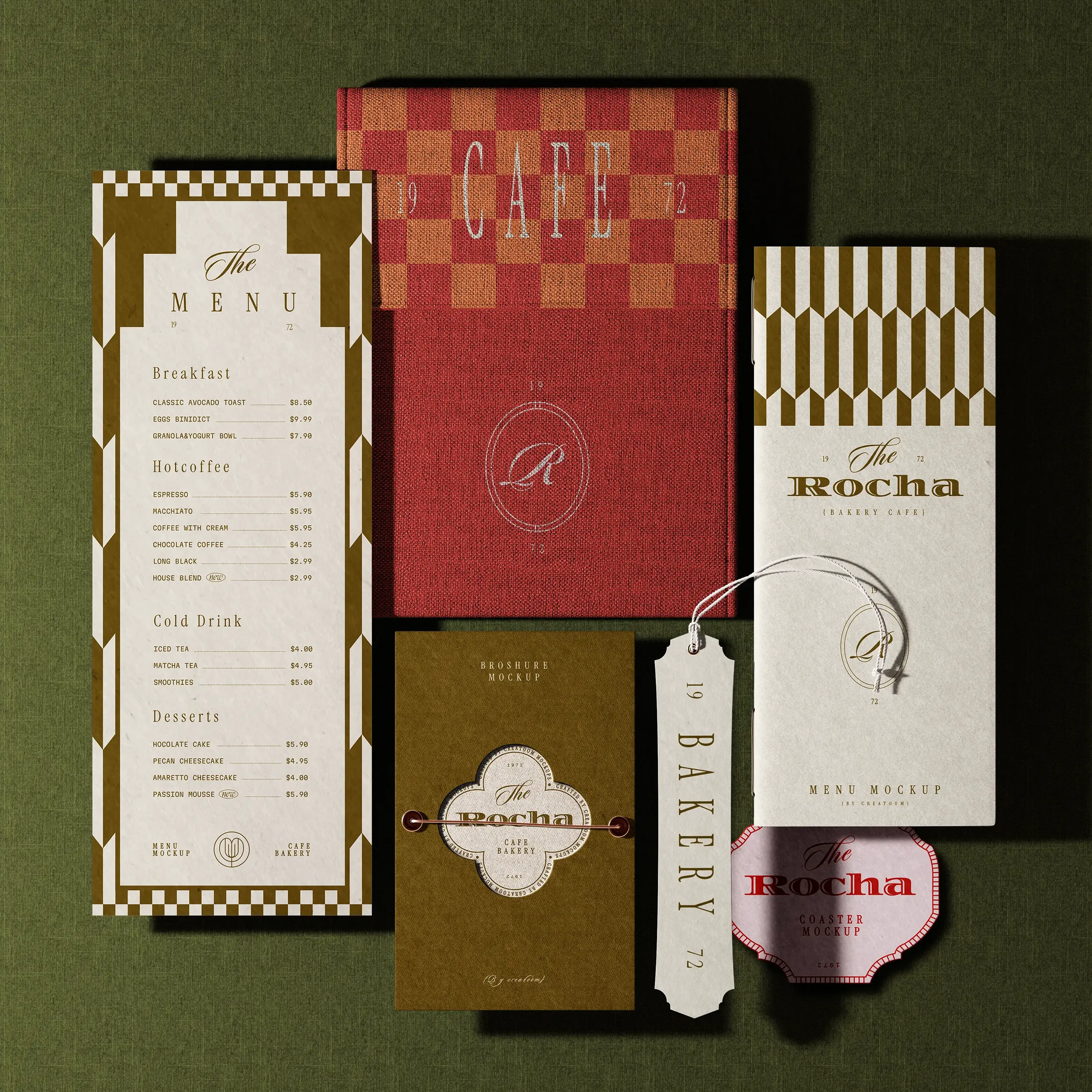 Flat lay of menus, cards and a swing tag in red, olive and cream