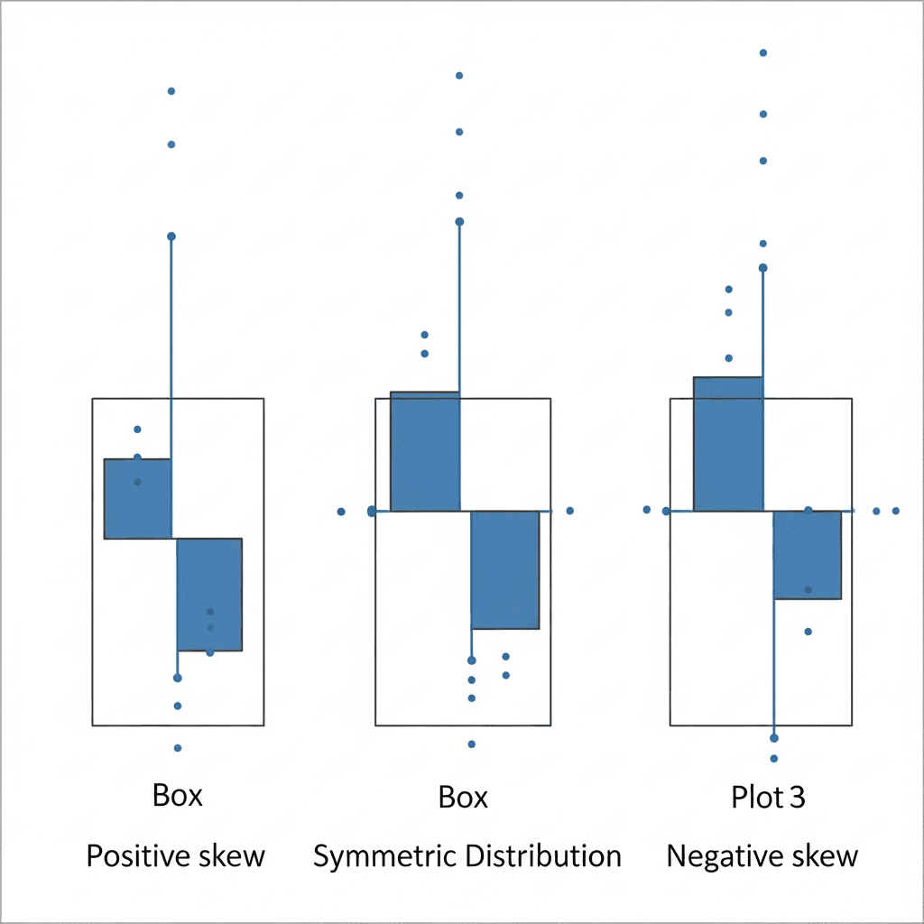 Side-by-side comparison of three box and whisker plots showing different distributions, one with positive skew (median closer to lower quartile, longer upper whisker), one symmetric (centered median, equal whiskers), and one with negative skew (median closer to upper quartile, longer lower whisker). Each box plot displays the characteristic rectangular box with median line, extending whiskers, and a few outlier dots. Clean data visualization style with blue and gray tones, minimal background, professional statistical chart aesthetic.