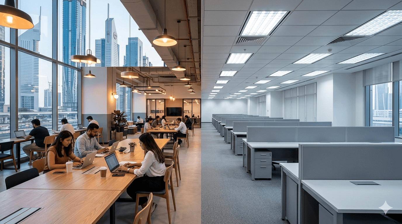 Sheikh Zayed Road skyline with Emirates Towers and Downtown Dubai — comparing coworking and traditional office leases for 2026.