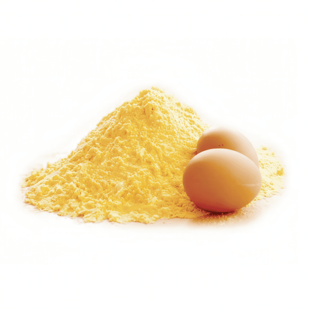 A vibrant yellow mound of fine powder, likely an egg product, sits beside two fresh brown eggs symbolizing quality.