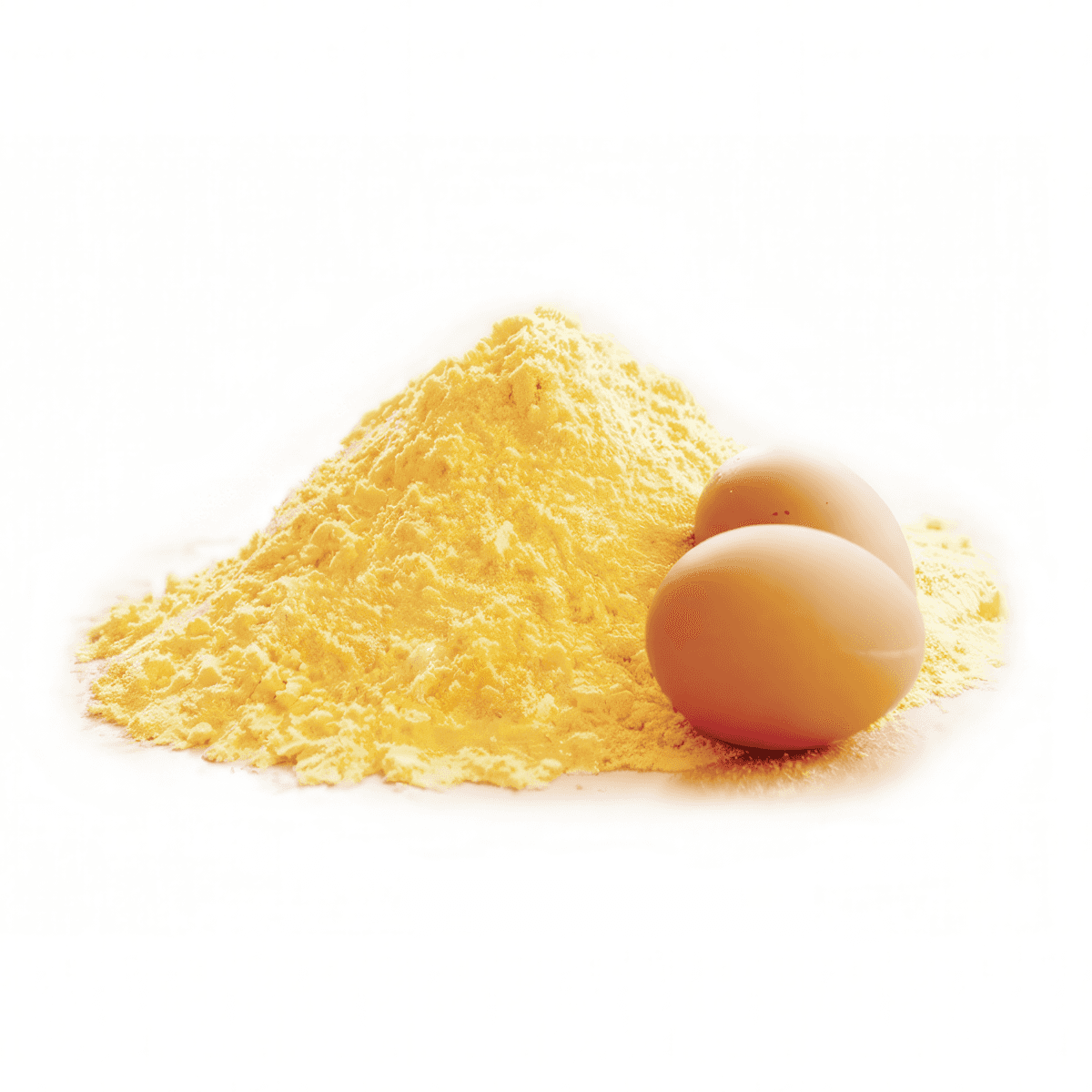 A vibrant yellow mound of fine powder, likely an egg product, sits beside two fresh brown eggs symbolizing quality.