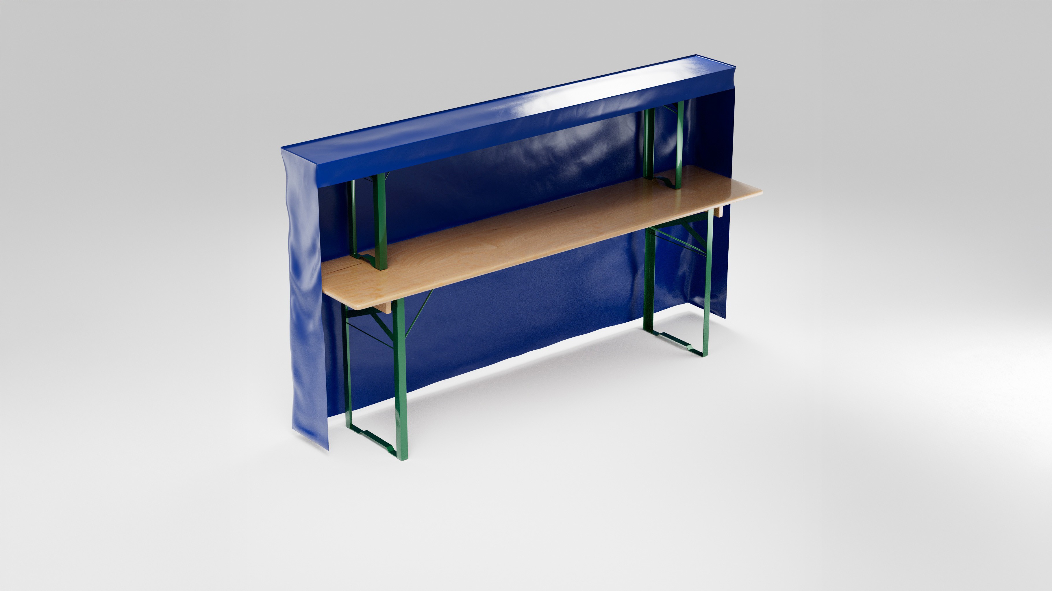 Fotorealistische Produktvisualisierung einer blauen Biertischplane auf Biertischgarnitur mit sichtbarer Passform und Stoffspannung