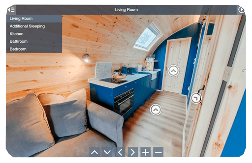 Photograph of a room and kitchen inside a luxury glamping pod