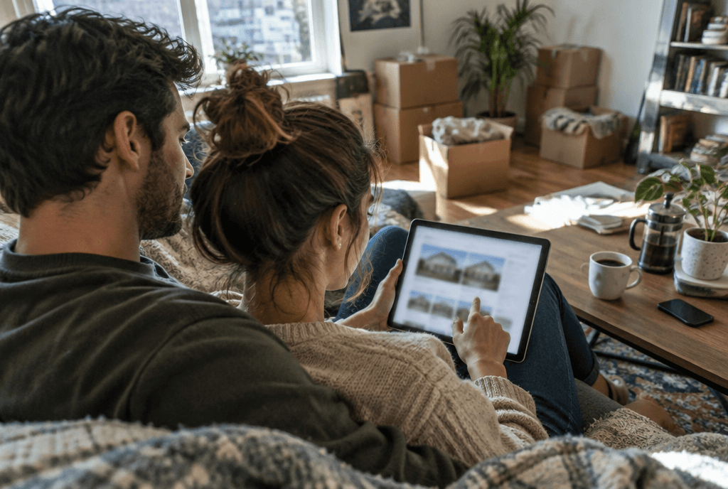 Real estate agent showing a couple listings on a tablet in a bright living room