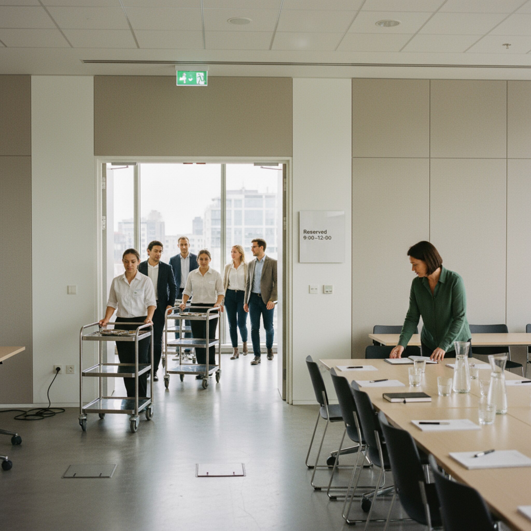 Nach einem Workshop verlassen Teilnehmende einen großen Konferenzraum. Ein Service-Team rollt leise Catering-Tabletts heraus, während eine Kollegin Tische ordnet. Außen zeigt ein Schild die Reservierungszeit. Die Atmosphäre ist fokussiert und strukturiert, mit klaren Abläufen zwischen Nutzung, Reinigung und Vorbereitung.