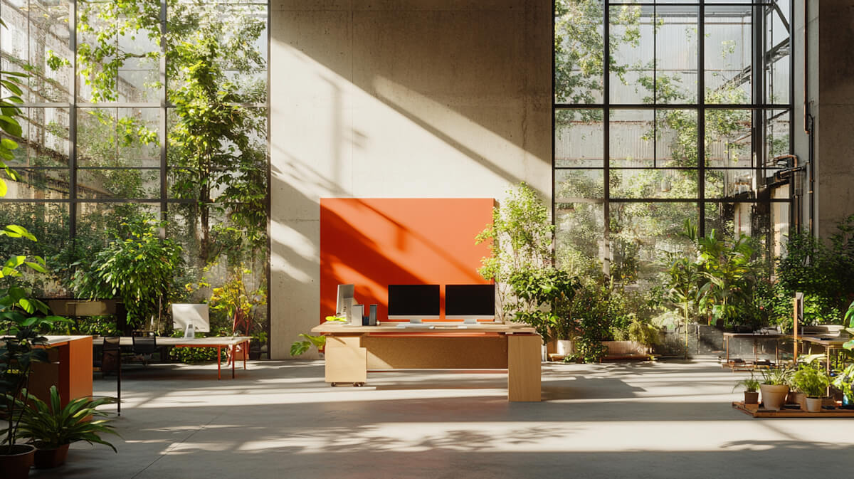 Open office interior with bold red architectural elements and greenery