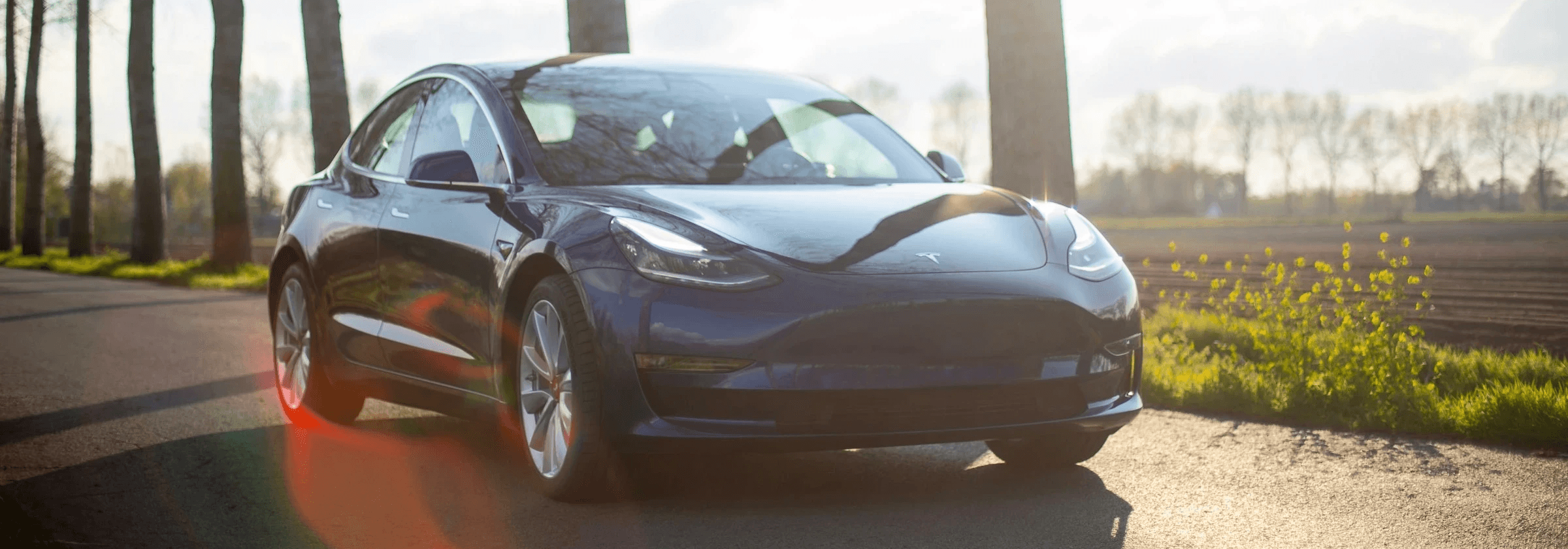 Tesla Model 3 bleue en extérieur au soleil, berline électrique vue de face dans un décor naturel