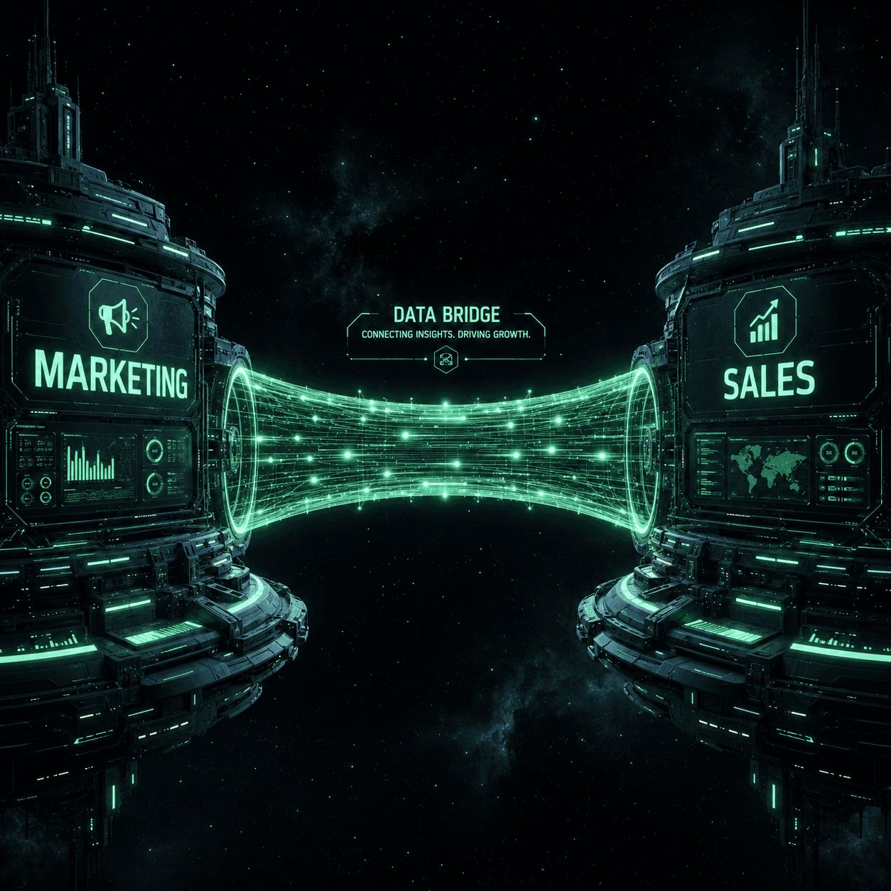Futuristic 3D visualization of two massive digital platforms labeled 'MARKETING' and 'SALES' in a dark space environment. They are connected by a glowing neon green energy structure labeled 'DATA BRIDGE: CONNECTING INSIGHTS. DRIVING GROWTH.' This conceptual visual represents sales and marketing alignment, illustrating how integrating data tracking across the client journey closes the gap between marketing campaigns and actual sales conversions.