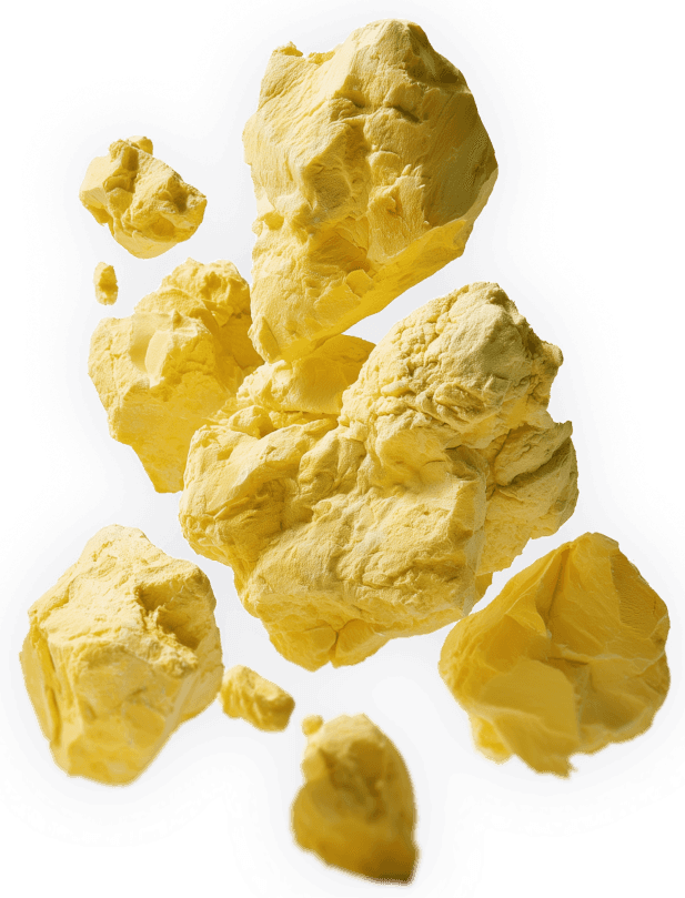 Chunks of bright yellow elemental sulfur, the key material in Zeta Energy's lithium-sulfur batteries