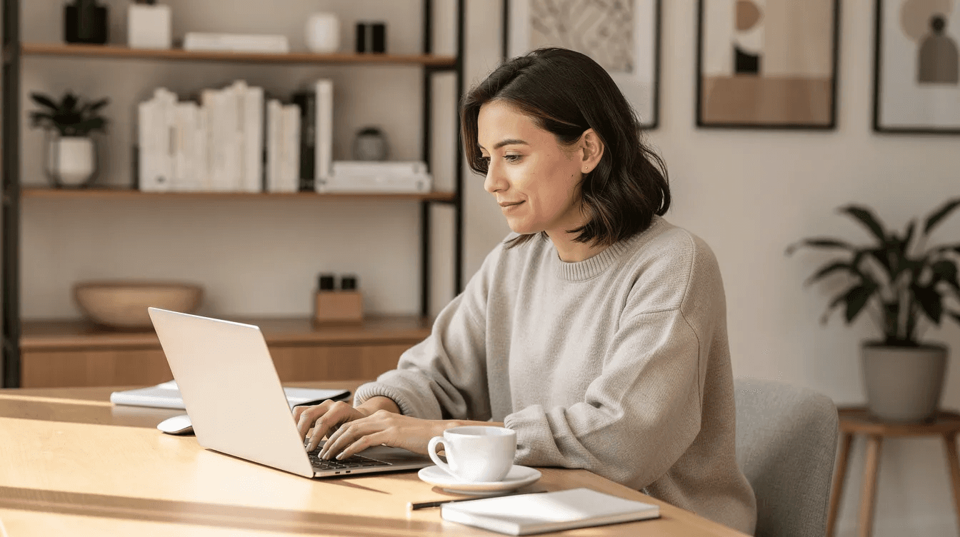 A studio owner sits at a tidy desk, working on a laptop with a coffee cup nearby, appearing relaxed and focused. This image reflects a productive environment, ideal for managing bookings and enhancing the customer experience through effective online booking systems.