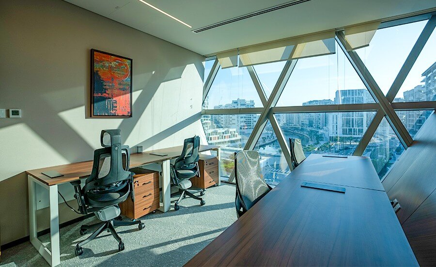 Sleek modern interior design for premium office space Abu Dhabi. Access meeting rooms with virtual offices Abu Dhabi.