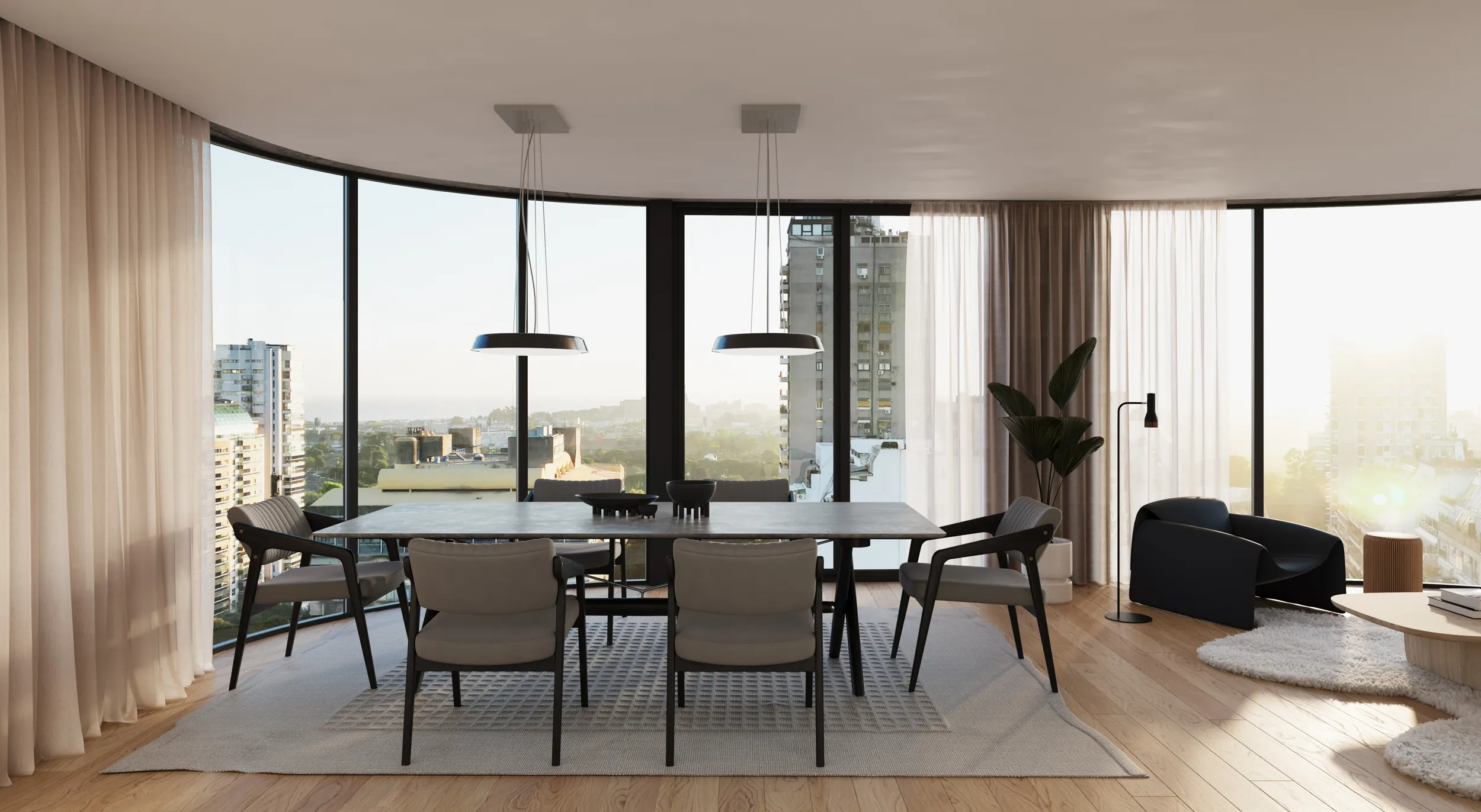 Comedor amplio con ventanales curvos, mesa rectangular, sillas de diseño y vistas a la ciudad