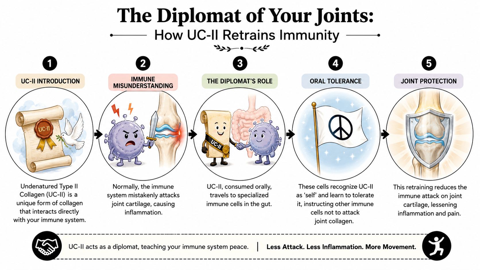 An infographic explaining how undenatured type II collagen helps retrain the immune system to support joint health.