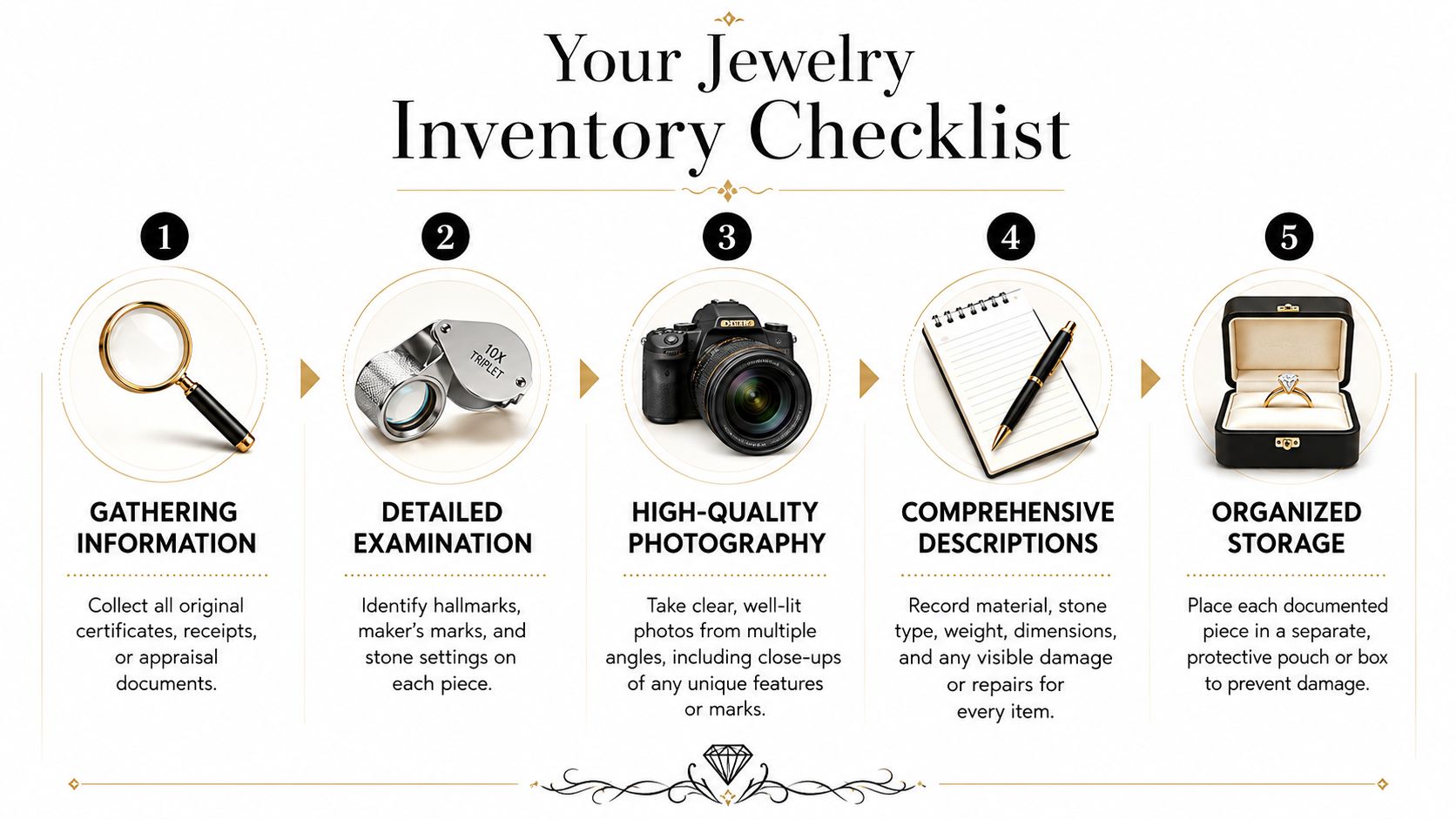 A five-step checklist for documenting and inventorying valuable jewelry pieces for insurance and organization purposes.