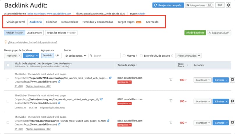 Elementos que componen la auditoria de back links de Semrush