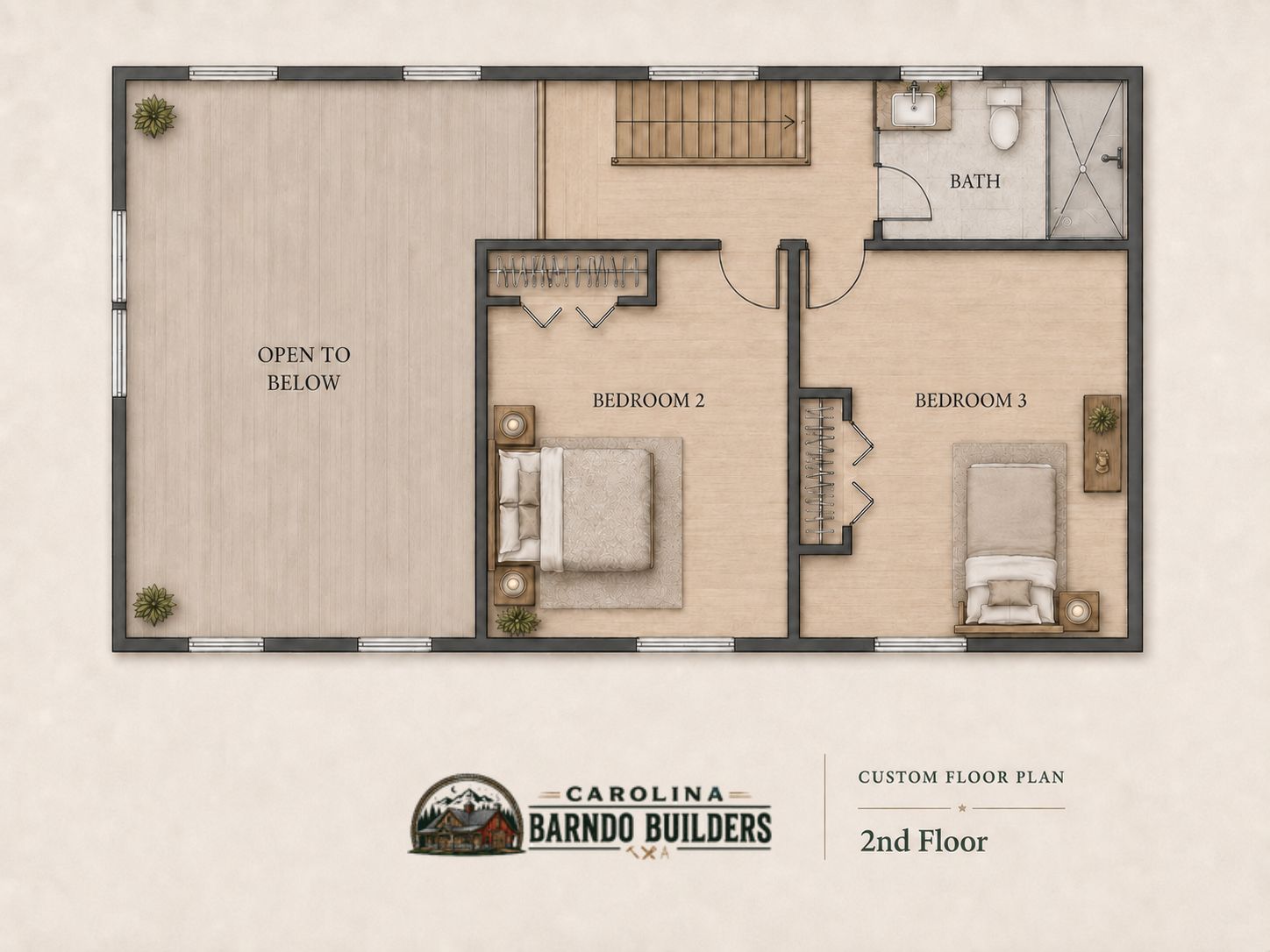 Second floor blueprint of The Remington barndominium by Carolina Barndo Builders showing two upstairs bedrooms, a full bathroom, closet space, stairs, and an open-to-below layout above the main living area.