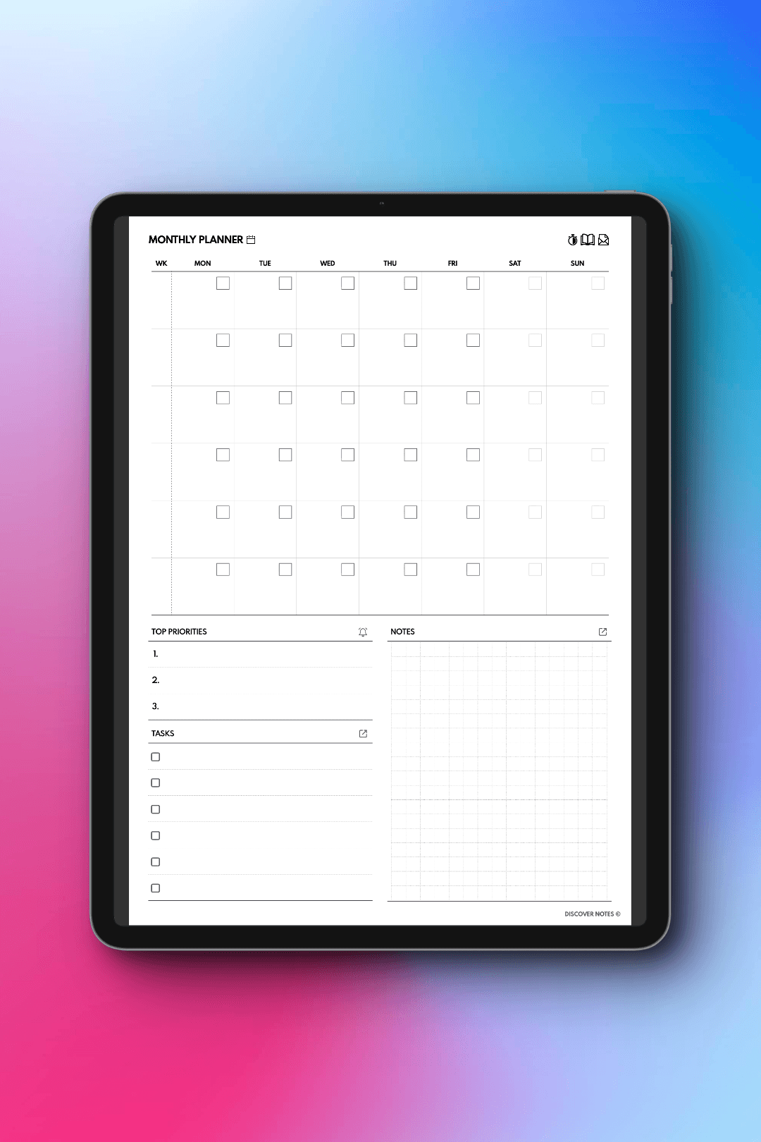 iPad showing Undated Planner Sheets in month view