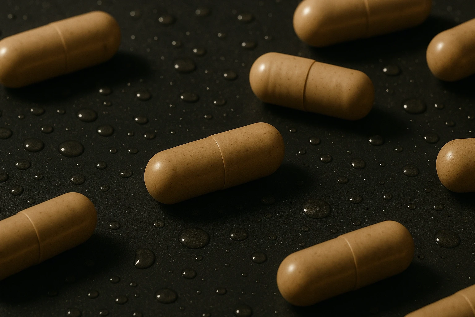 Detailaufnahme von Nahrungsergänzungskapseln mit Wassertropfen – geeignet für Themen wie Qualität, natürliche Formeln und Wirkstoffreinheit