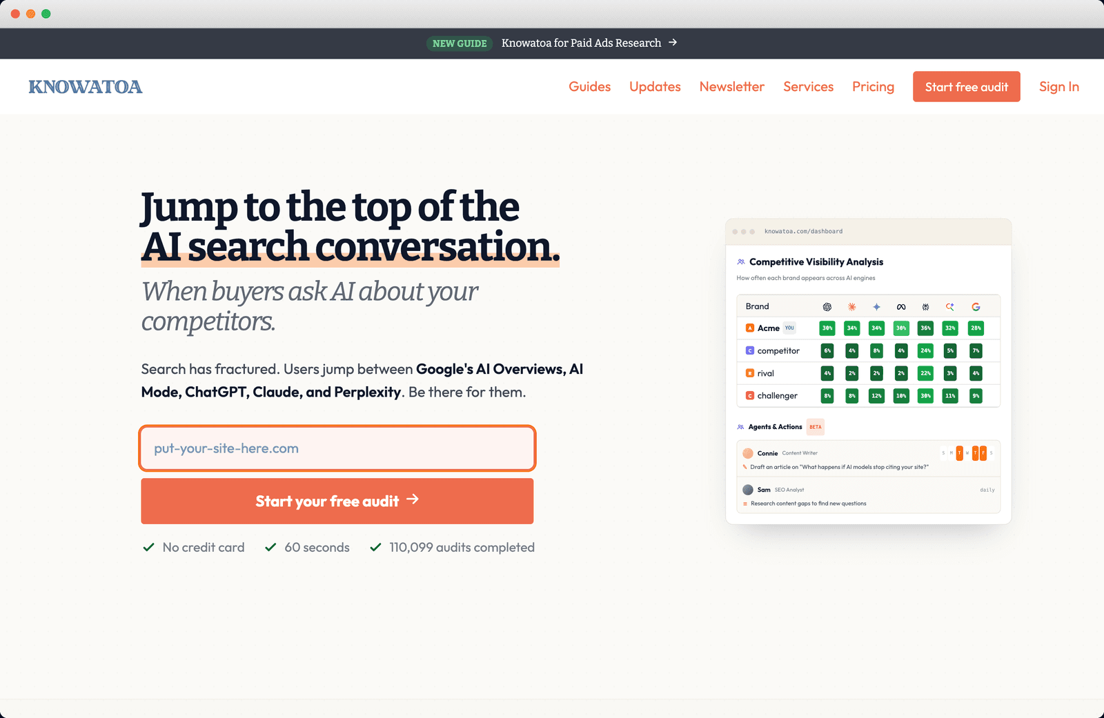 Knowatoa homepage, Jump to the top of the AI search conversation hero