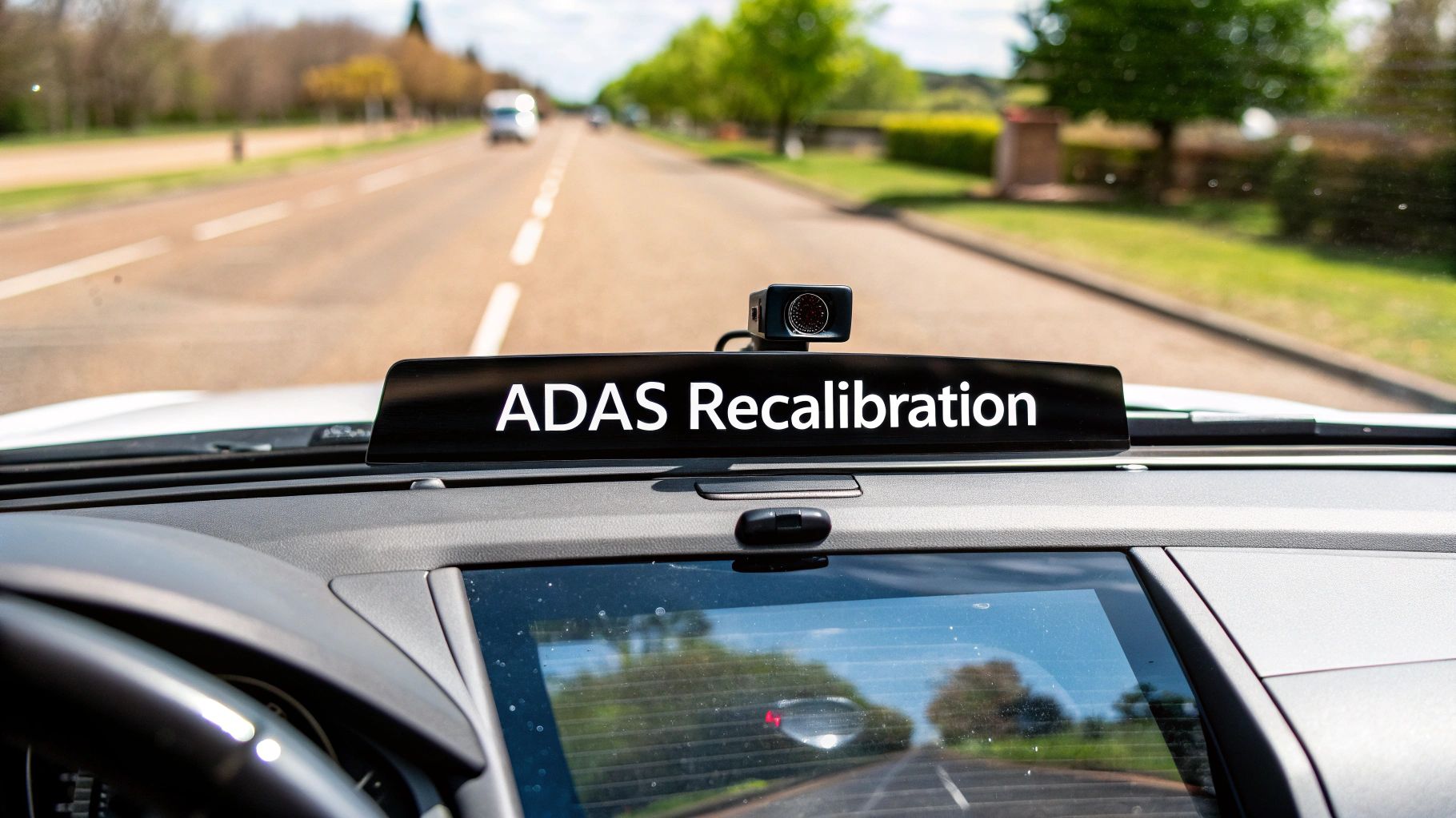 A close-up of a modern car's windshield showing the integrated ADAS camera and sensor housing.