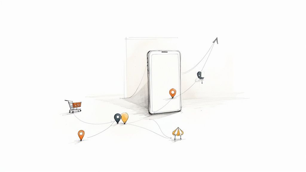 Illustration of a mobile phone with connected location pins, a shopping cart, and an upward trend arrow.