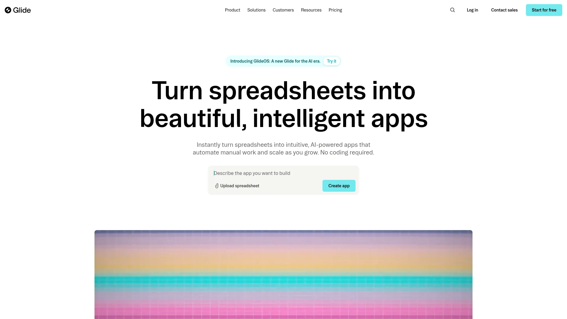 The Glide homepage showing how it turns spreadsheets into mobile-friendly business apps.