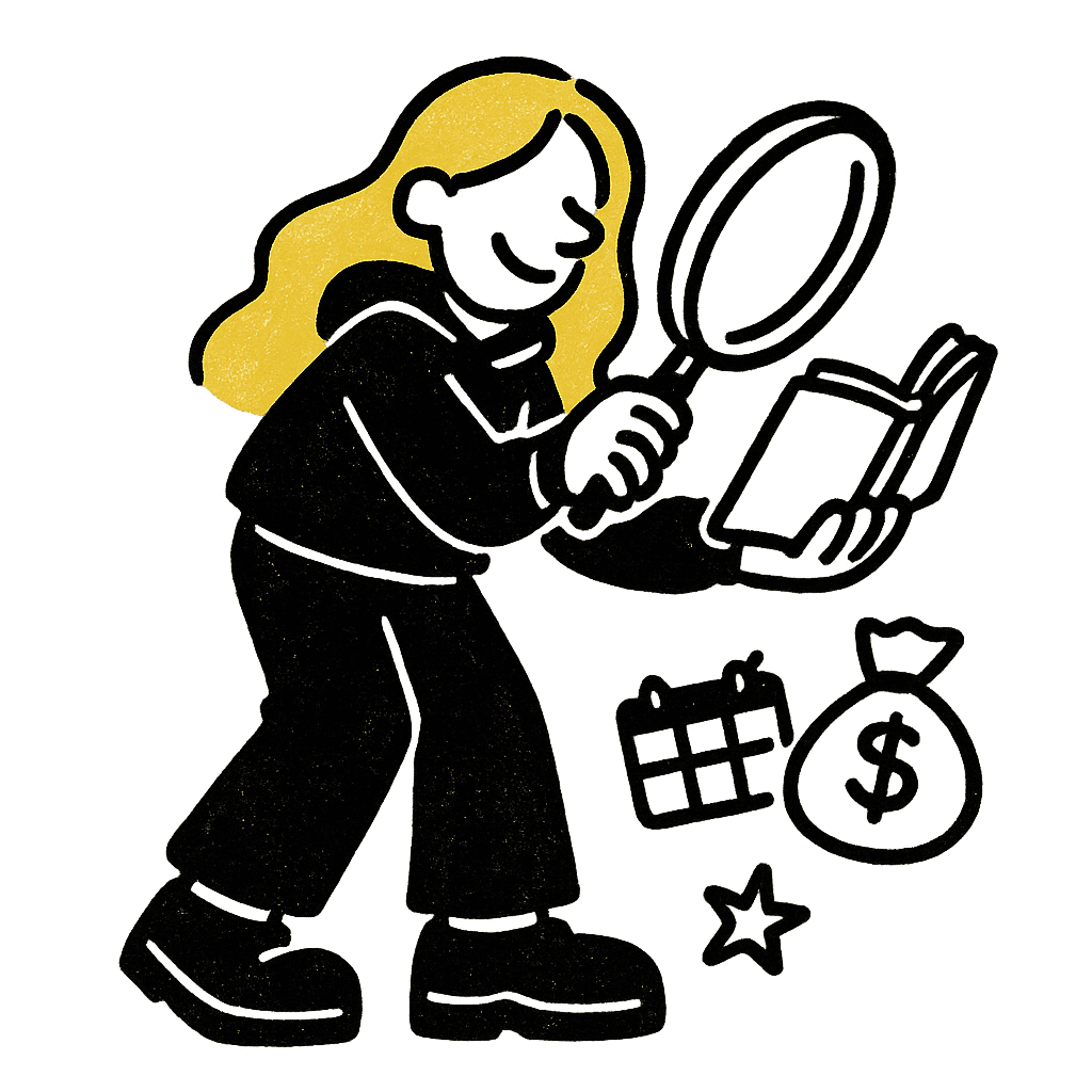 Illustration of dynamic person looking through a magnifying glass surrounded by copywriting related items like a book and calendar