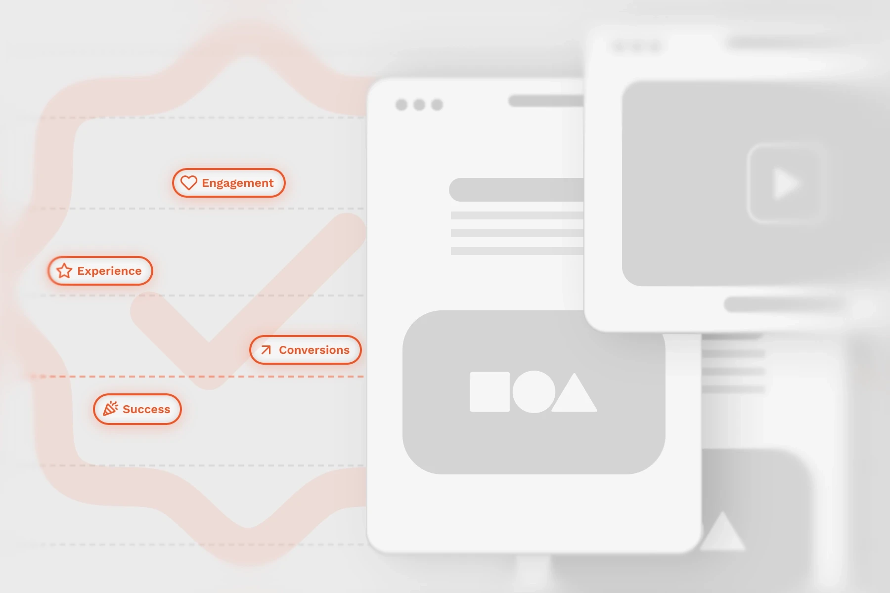 Illustration of UI wireframes and elements symbolizing user engagement, success, experience and conversions.