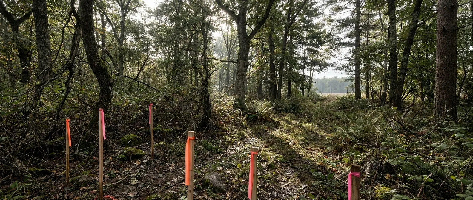 Forest path with marked stakes; RockN' Socials Digital Marketing Agency.