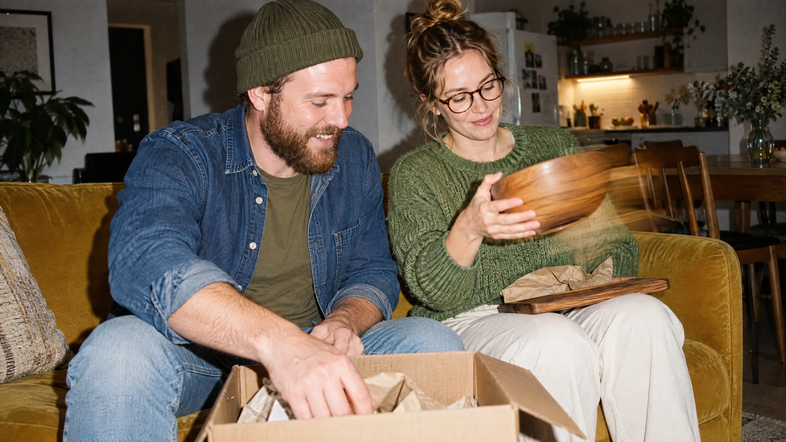 A couple unpacking a wooden bowl together on a sofa