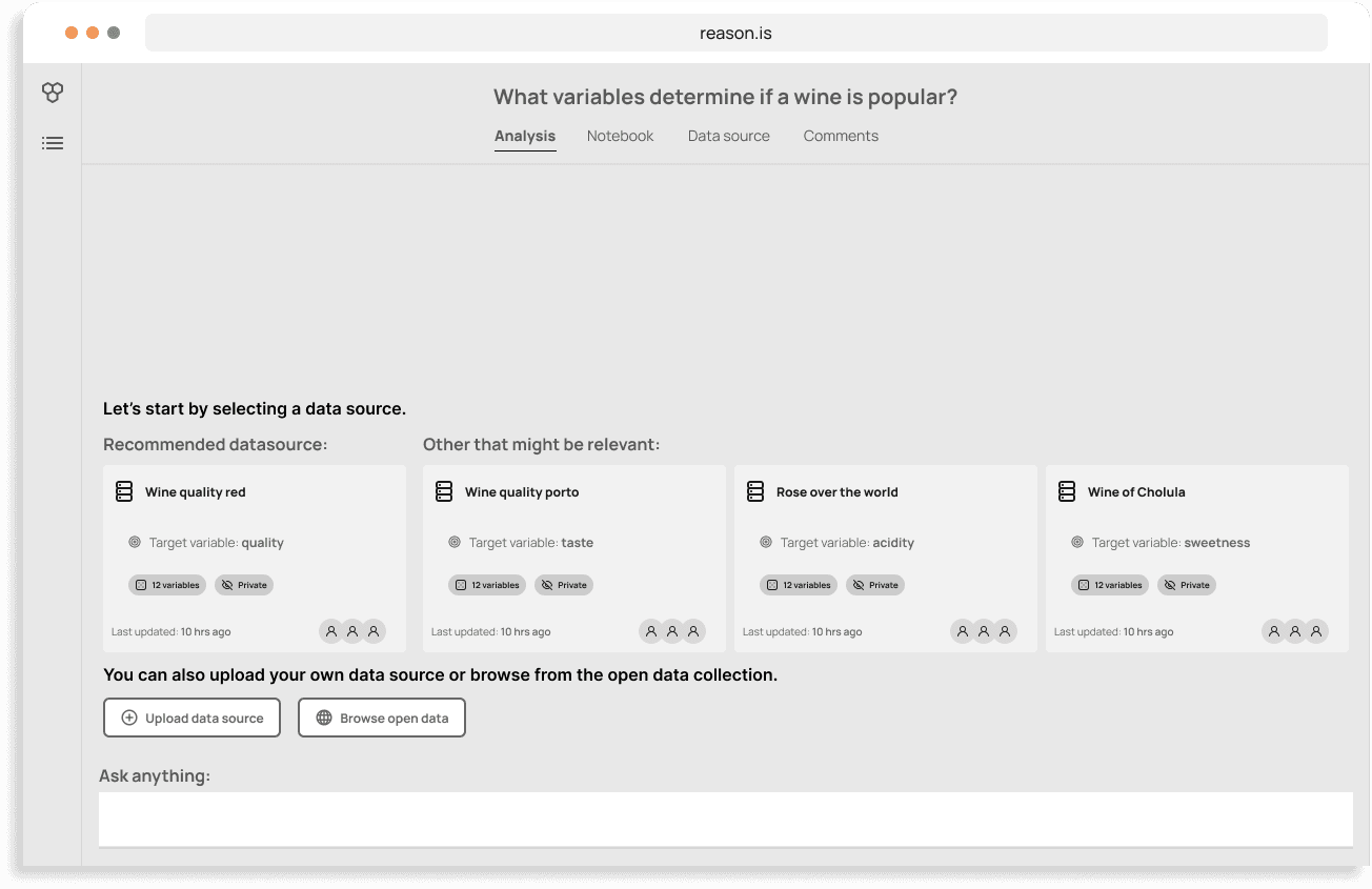 One of the first low fidelity mockups of the redesign of the Reason application featuring the analysis page.